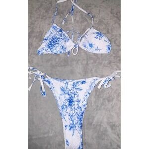 Womens Swimsuit Bikini Set M White Blue Floral Smocked Adjustable Side Tie Strap